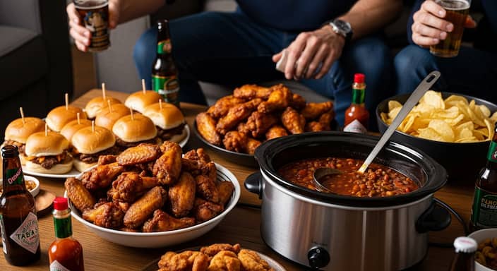 A lively, crowded coffee table in a man's living room during a big game. The focus is on the food spread: a large pile of crispy chicken wings in a bowl, a slow cooker of chili with a ladle, a platter of sliders on Hawaiian rolls, and a big bowl of potato chips. A few beer bottles and bottles of hot sauce are scattered around. The TV glow reflects on the table. The atmosphere is energetic and inviting.